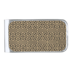 Greek Meander Key Square H Pattern Brown Silver Finish Money Clip