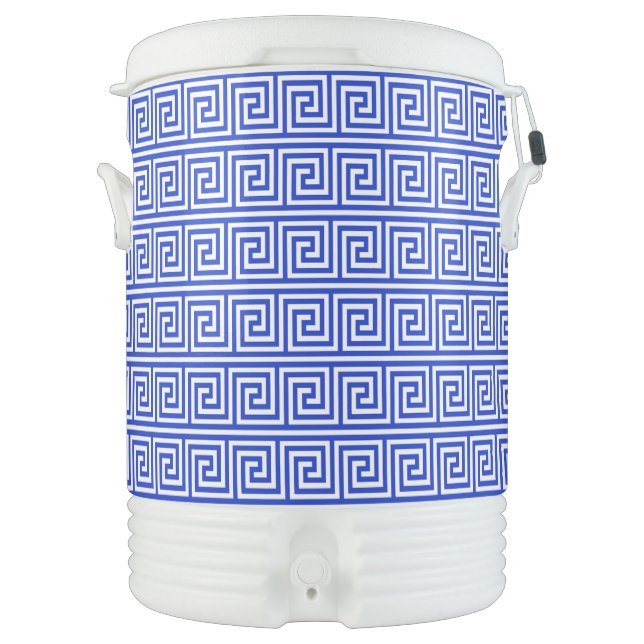 Greek Meander Key Squares Pattern Blue Beverage Cooler (Front)