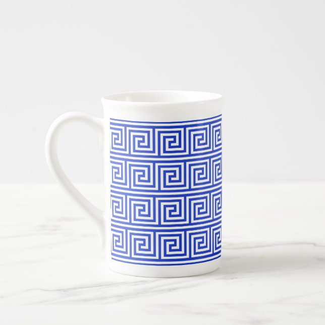 Greek Meander Key Squares Pattern Blue Bone China Mug (Left)