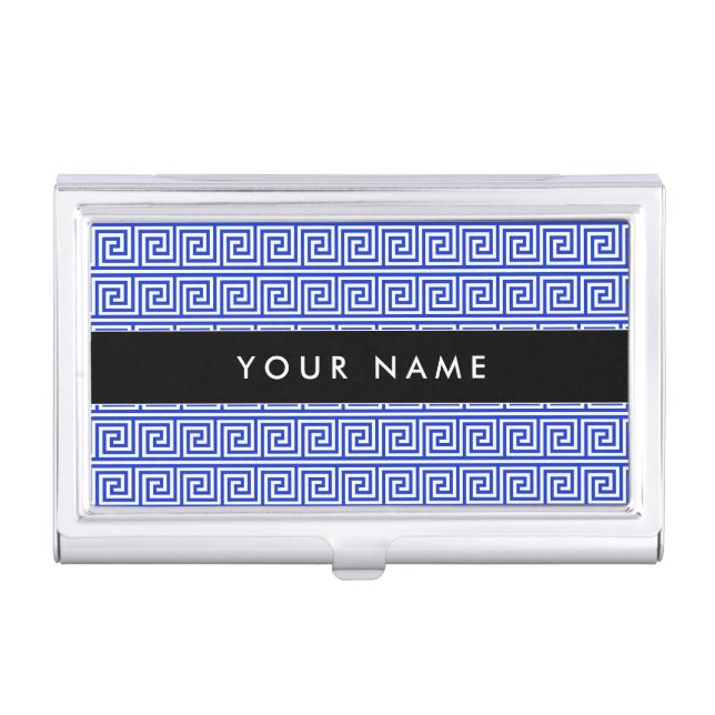 Greek Meander Key Squares Pattern Blue Business Card Case (Front)