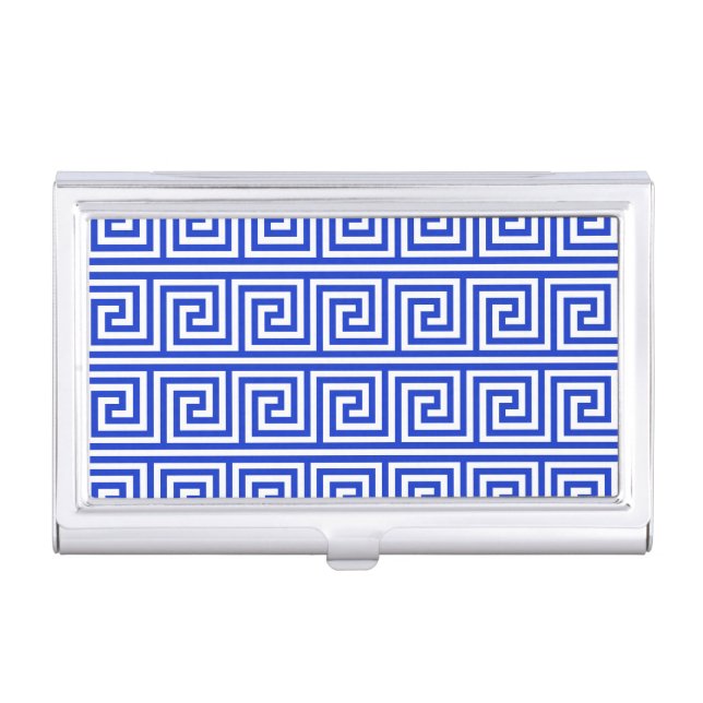 Greek Meander Key Squares Pattern Blue Business Card Case (Front)