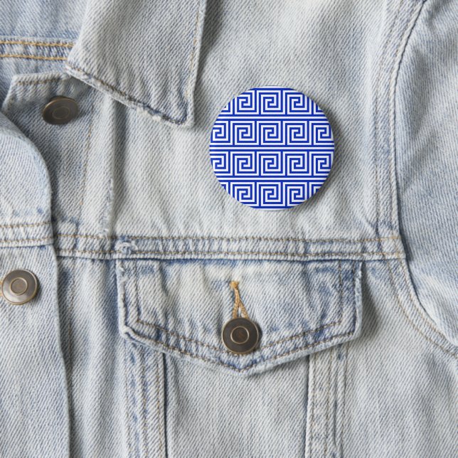 Greek Meander Key Squares Pattern Blue Button (In Situ)