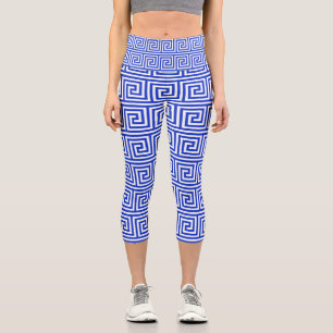 Greek Meander Key Squares Pattern Blue Capri Leggings