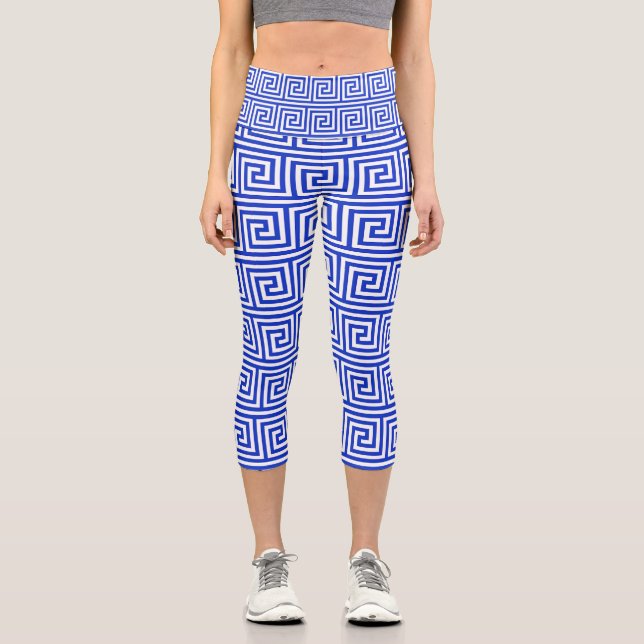 Greek Meander Key Squares Pattern Blue Capri Leggings (Front)