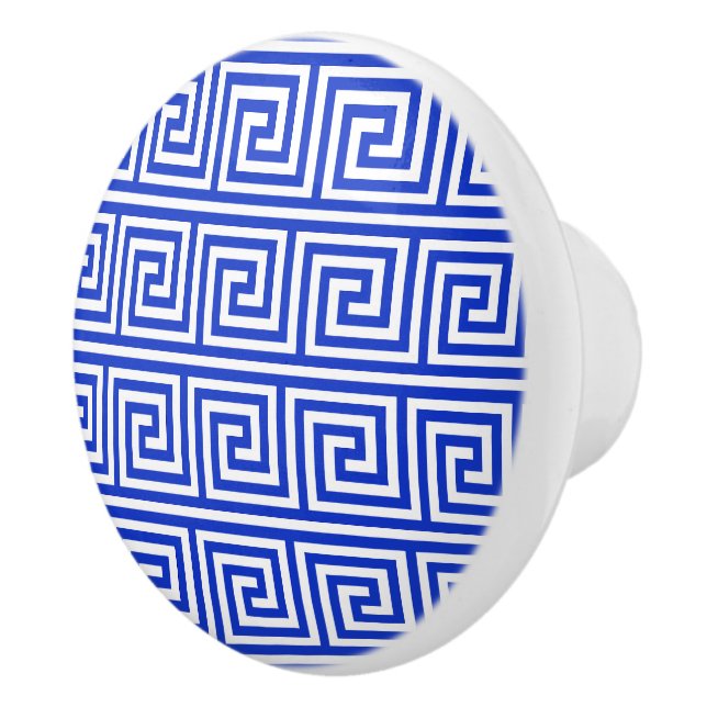 Greek Meander Key Squares Pattern Blue Ceramic Knob (Right)