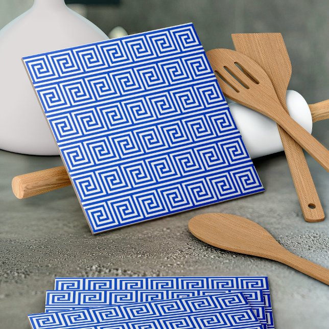 Greek Meander Key Squares Pattern Blue Ceramic Tile (Creator Uploaded)