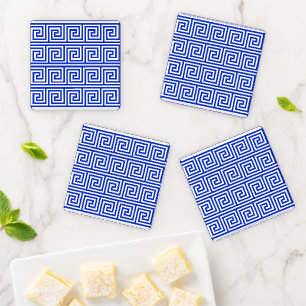 Greek Meander Key Squares Pattern Blue Coaster Set