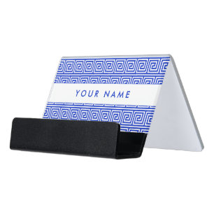 Greek Meander Key Squares Pattern Blue Desk Business Card Holder