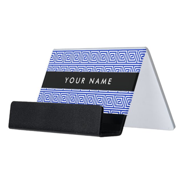 Greek Meander Key Squares Pattern Blue Desk Business Card Holder (Angled Front)