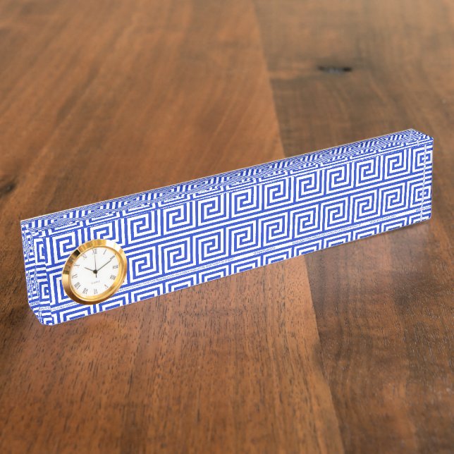 Greek Meander Key Squares Pattern Blue Desk Name Plate (Side)