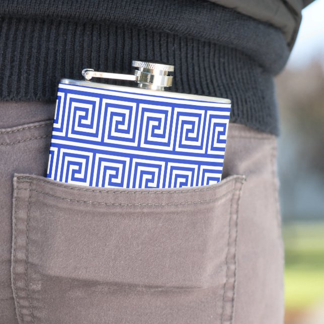 Greek Meander Key Squares Pattern Blue Flask (In Situ)