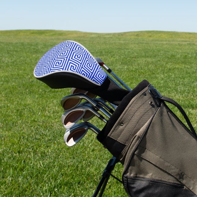 Greek Meander Key Squares Pattern Blue Golf Head Cover (In Situ)