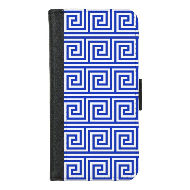 Greek Meander Key Squares Pattern Blue iPhone Wallet Case (Front)