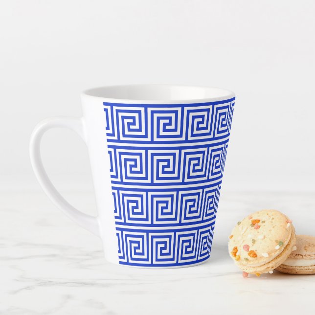 Greek Meander Key Squares Pattern Blue Latte Mug (In Situ)