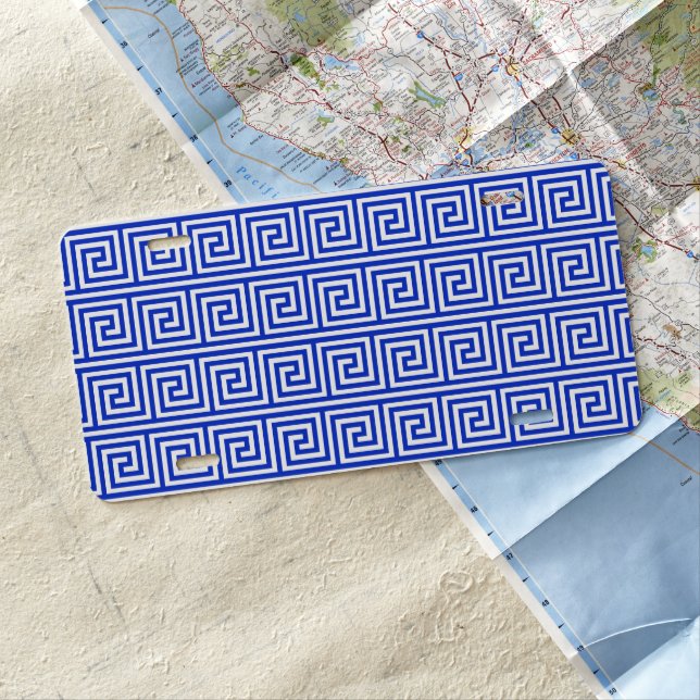 Greek Meander Key Squares Pattern Blue License Plate (In Situ)
