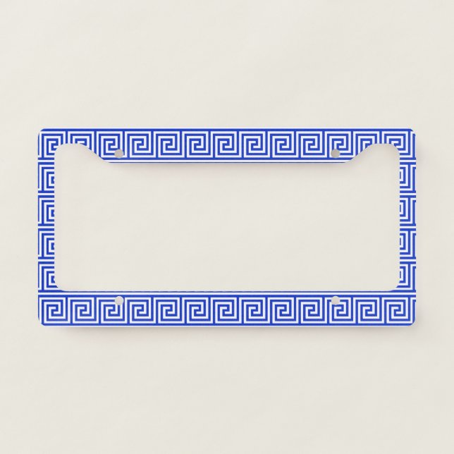 Greek Meander Key Squares Pattern Blue License Plate Frame (Front)