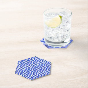 Greek Meander Key Squares Pattern Blue Paper Coaster