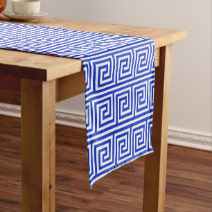 Greek Meander Key Squares Pattern Blue Short Table Runner