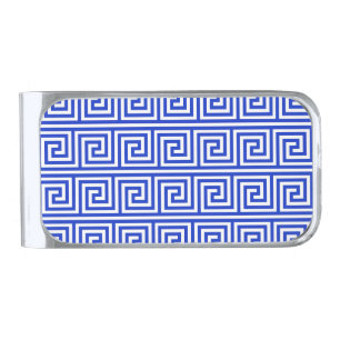 Greek Meander Key Squares Pattern Blue Silver Finish Money Clip