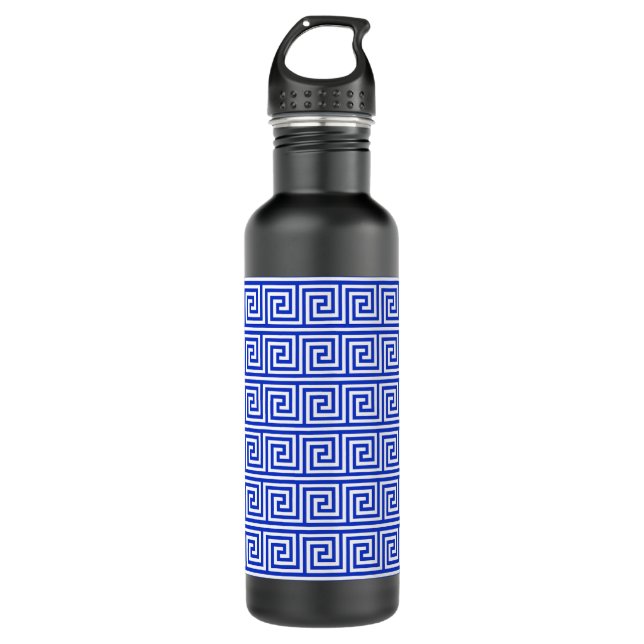 Greek Meander Key Squares Pattern Blue Stainless Steel Water Bottle (Front)