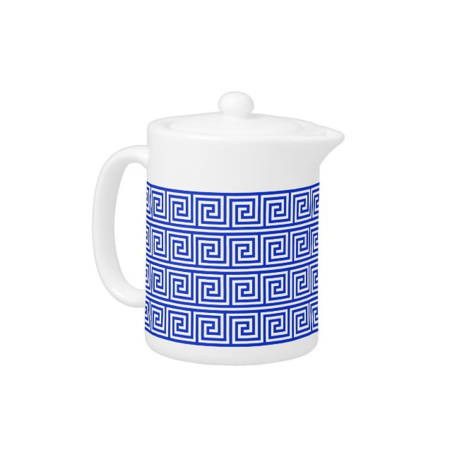 Greek Meander Key Squares Pattern Blue Teapot (Left)