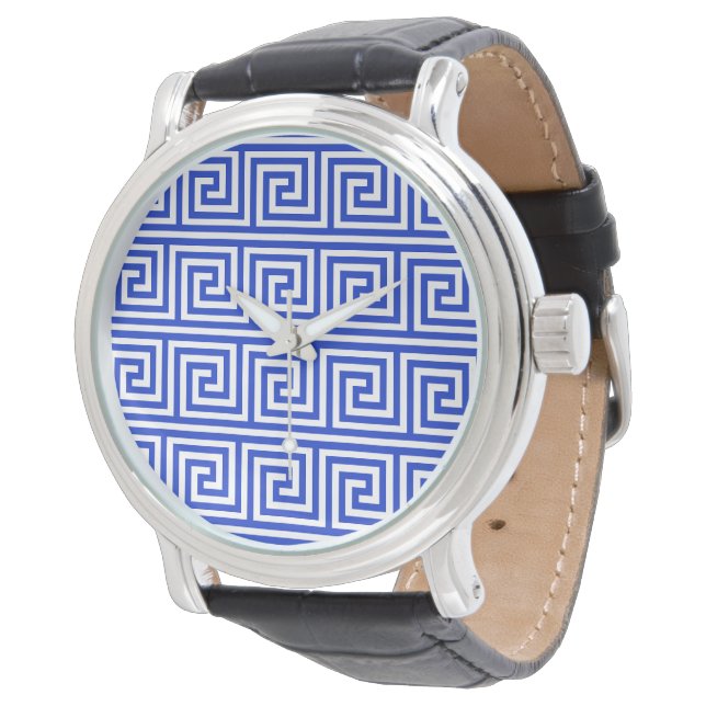 Greek Meander Key Squares Pattern Blue Watch (Angled)