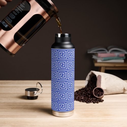 Greek Meander Key Squares Pattern Blue Water Bottle