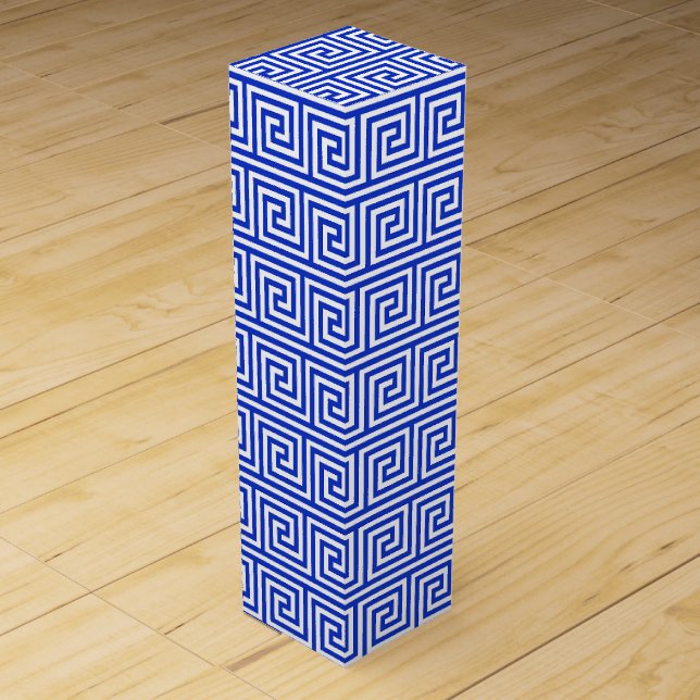 Greek Meander Key Squares Pattern Blue Wine Box (Front)