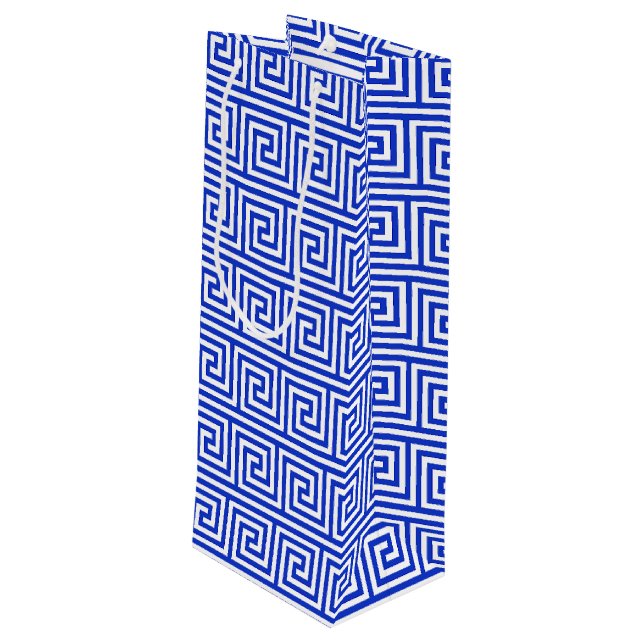 Greek Meander Key Squares Pattern Blue Wine Gift Bag (Back Angled)