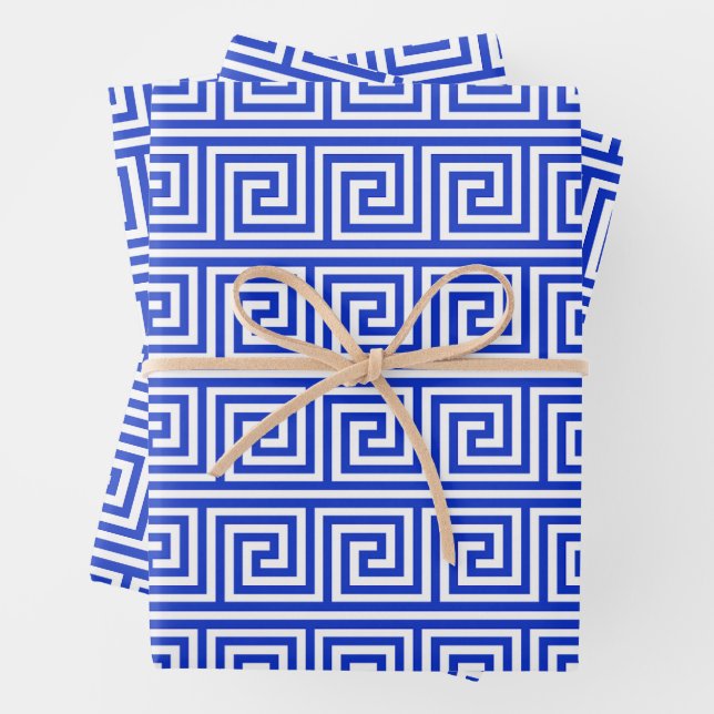 Greek Meander Key Squares Pattern Blue Wrapping Paper Sheets (In situ)