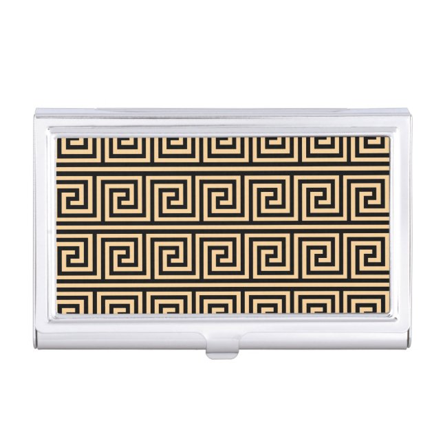 Greek Meander Key Squares Pattern Brown Business Card Case (Front)