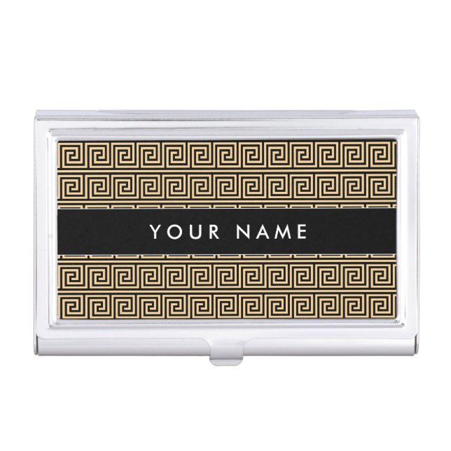 Greek Meander Key Squares Pattern Brown Business Card Case (Front)