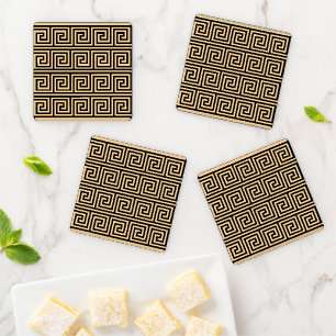 Greek Meander Key Squares Pattern Brown Coaster Set