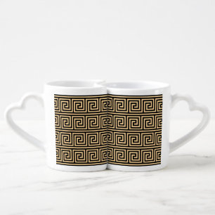 Greek Meander Key Squares Pattern Brown Coffee Mug Set