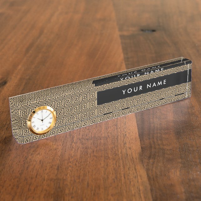 Greek Meander Key Squares Pattern Brown Desk Name Plate (Side)