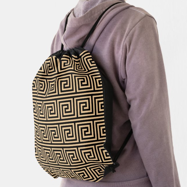 Greek Meander Key Squares Pattern Brown Drawstring Bag (Insitu)