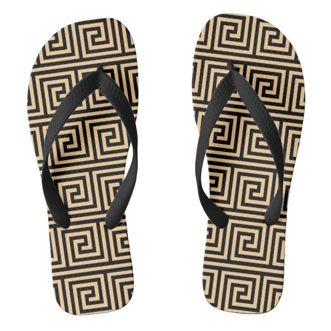 Greek Meander Key Squares Pattern Brown Flip Flops (Footbed)