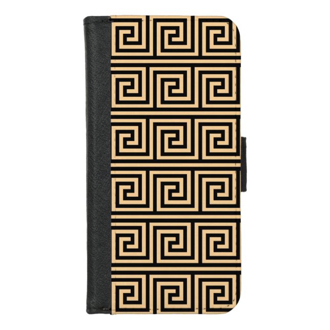 Greek Meander Key Squares Pattern Brown iPhone Wallet Case (Front)