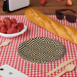 Greek Meander Key Squares Pattern Brown Paper Plates