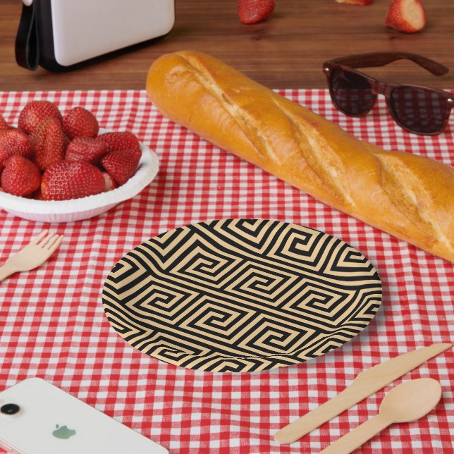 Greek Meander Key Squares Pattern Brown Paper Plates (Picnic)
