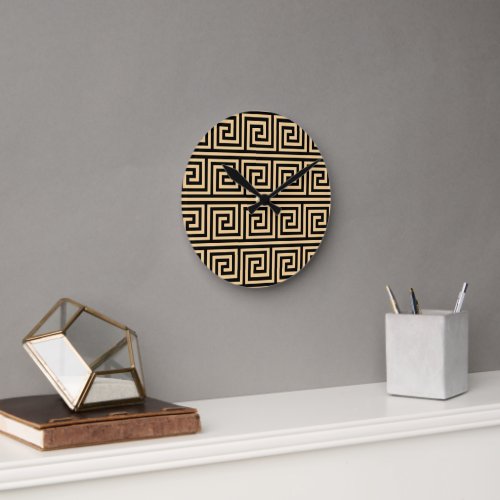 Greek Meander Key Squares Pattern Brown Round Clock