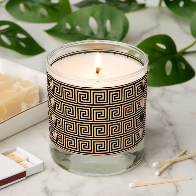 Greek Meander Key Squares Pattern Brown Scented Candle (Lit)