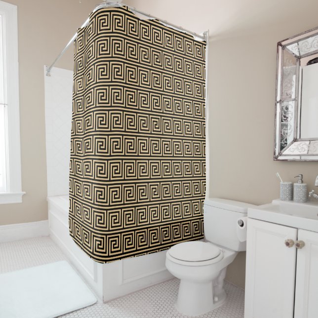 Greek Meander Key Squares Pattern Brown Shower Curtain (In Situ)