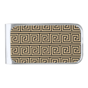 Greek Meander Key Squares Pattern Brown Silver Finish Money Clip