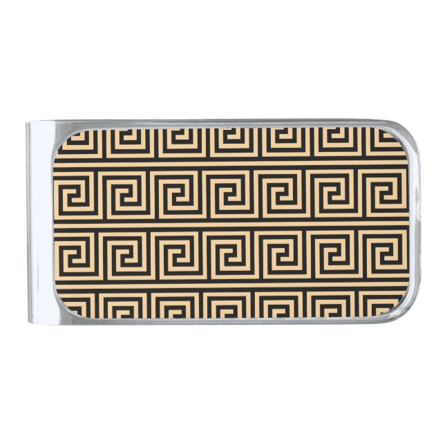 Greek Meander Key Squares Pattern Brown Silver Finish Money Clip (Front)