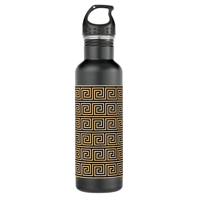 Greek Meander Key Squares Pattern Brown Stainless Steel Water Bottle (Front)