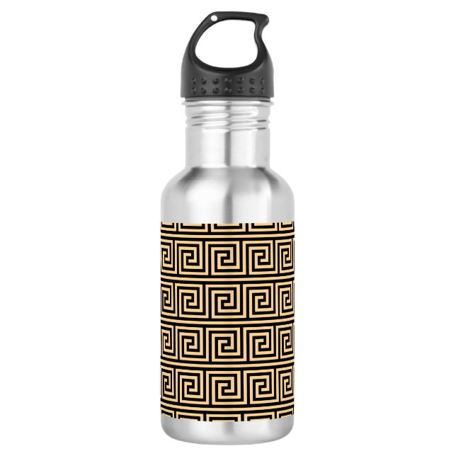 Greek Meander Key Squares Pattern Brown Stainless Steel Water Bottle (Front)