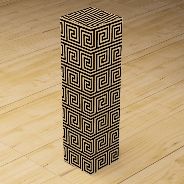 Greek Meander Key Squares Pattern Brown Wine Box (Front)