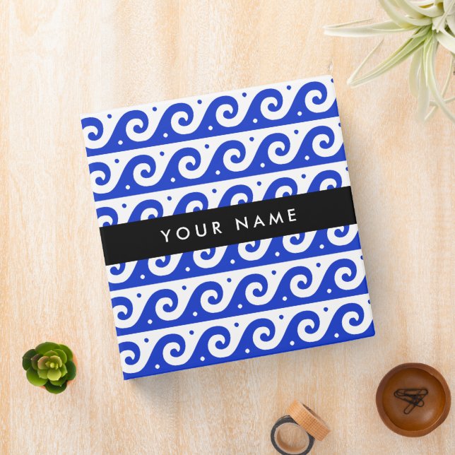 Greek Meander Key, Wave Key, Blue, Your Name 3 Ring Binder (In Situ)
