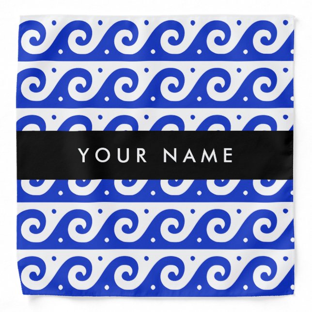 Greek Meander Key, Wave Key, Blue, Your Name Bandana (Front)